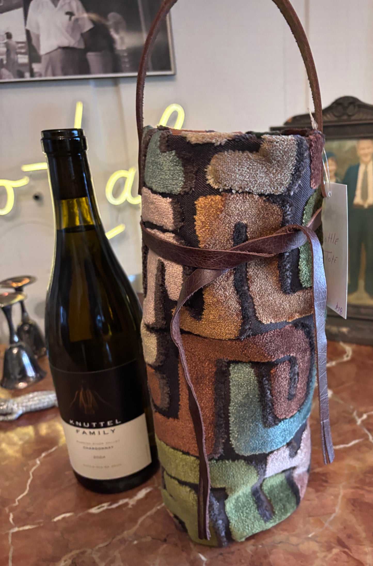 Wine Bottle Tote Brown “Kuba Cloth” Cut Velvet - DMD Bags