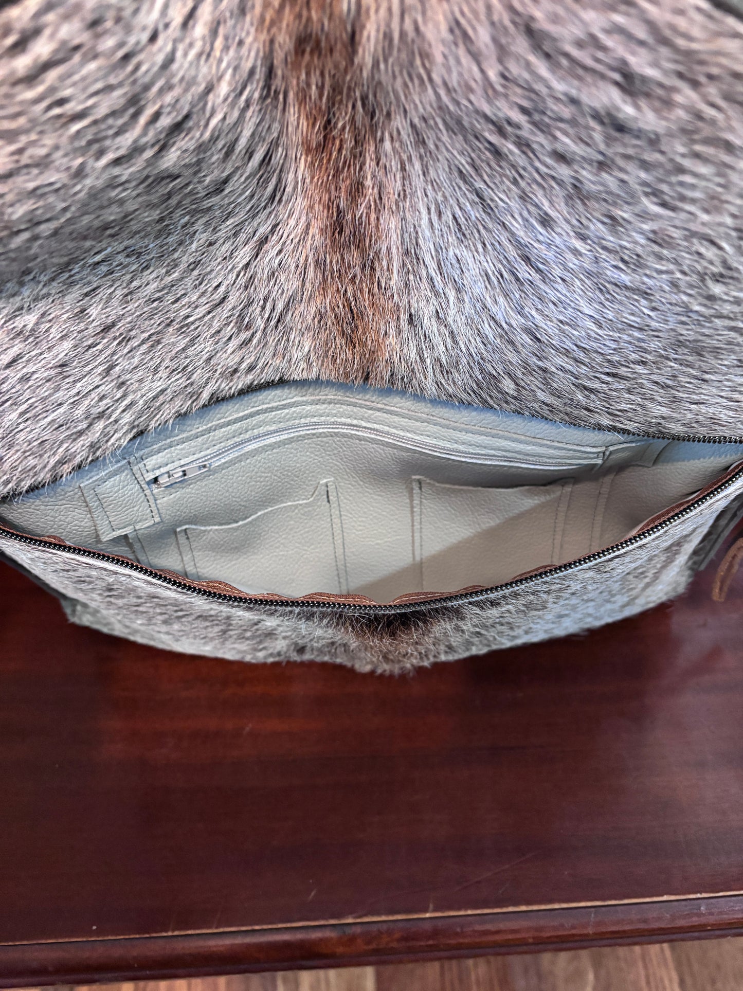 Back Pack - Gray and Brown Hair on Cowhide with gray leather - DMD Bags