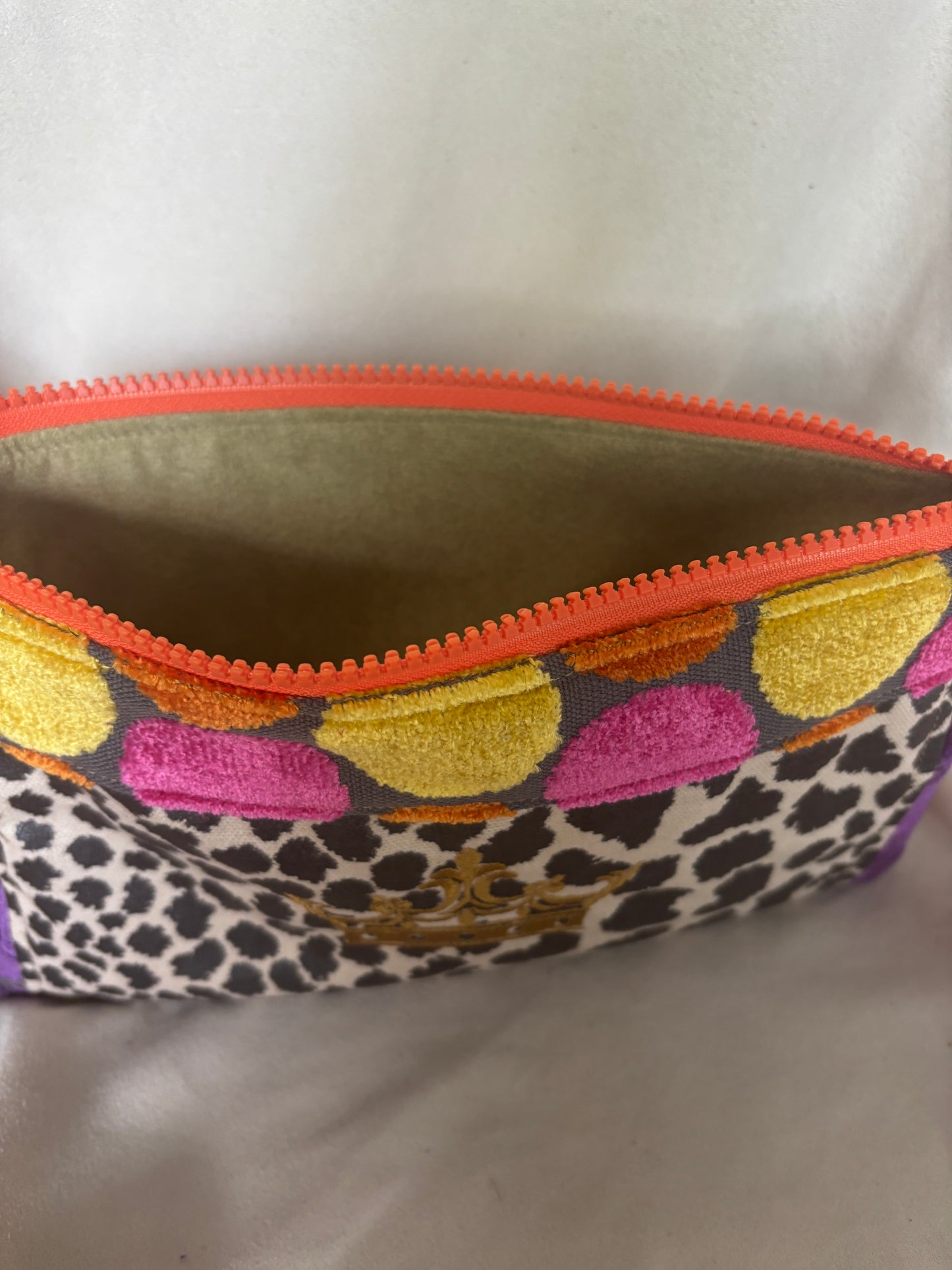 10.5x6.5 Cheetah Crown organizer with bright orange zipper and cut velvet accents