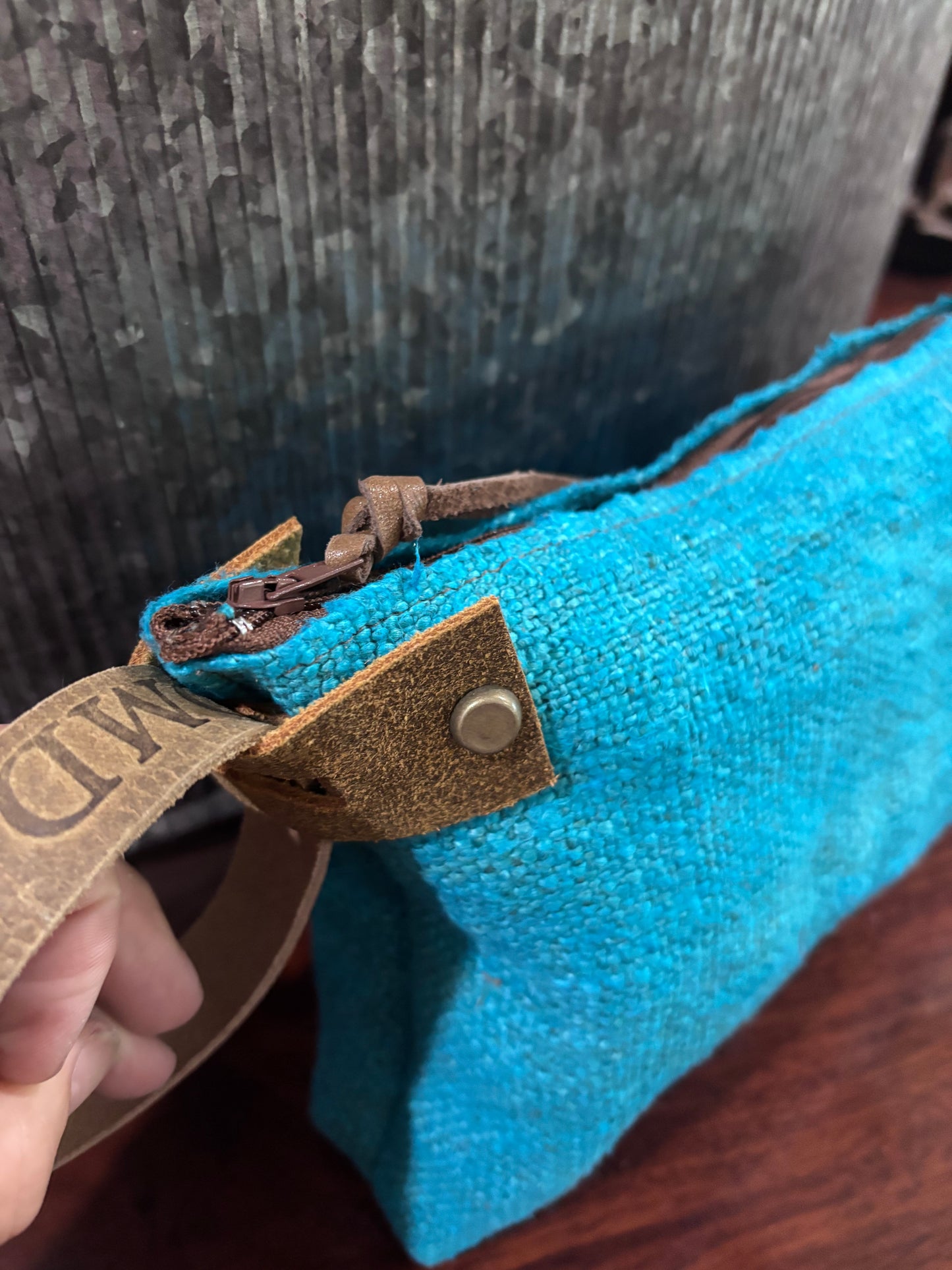 Wristlet- Nubby Woven Turquoise - Unlined & Leather Strap