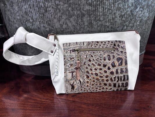 “Tie the Knot” wristlet in a cream leather with emboss croc leather pocket - DMD Bags