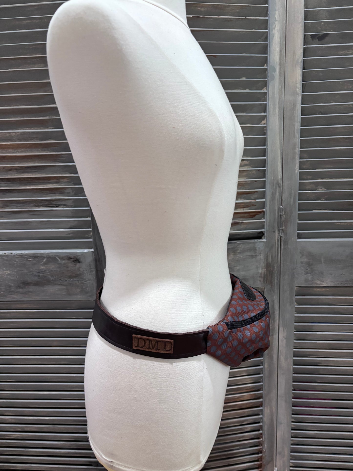 Sling bag-Fanny Pack Chocolate and gray dots! Alligator trim! Adjustable leather strap - DMD Bags