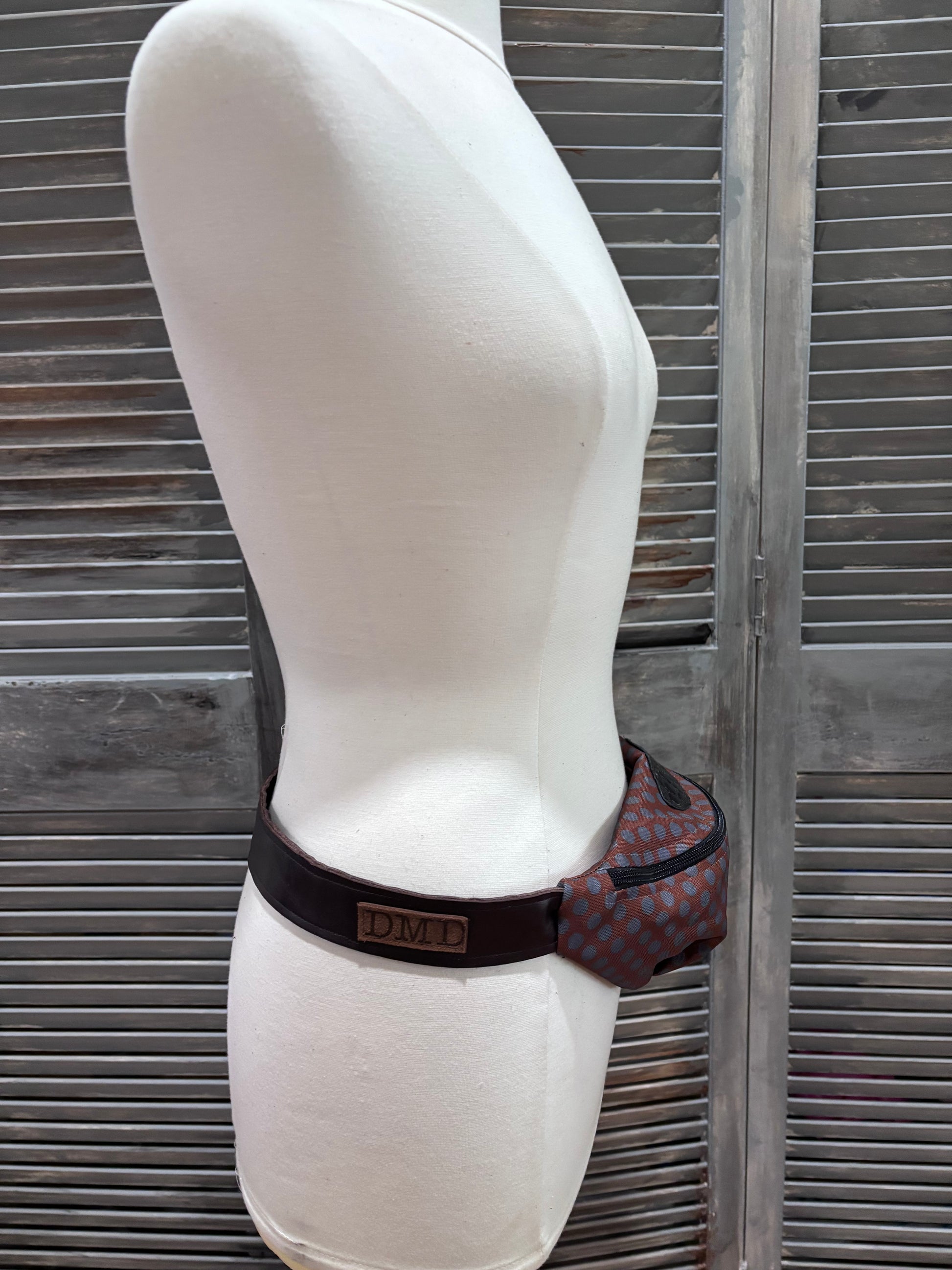 Sling bag-Fanny Pack Chocolate and gray dots! Alligator trim! Adjustable leather strap - DMD Bags
