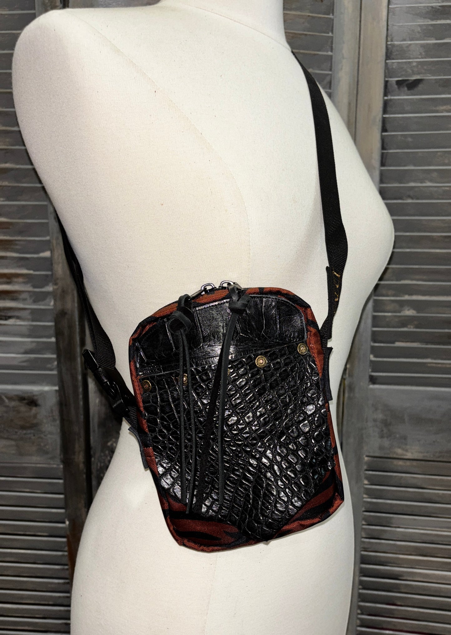 The X Bag in Brown Tiger stripe with genuine alligator