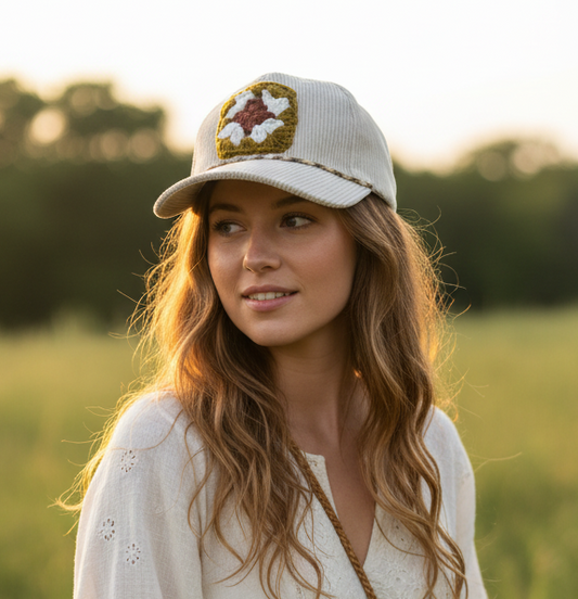 Corduroy Granny Square Rope cap in Ivory