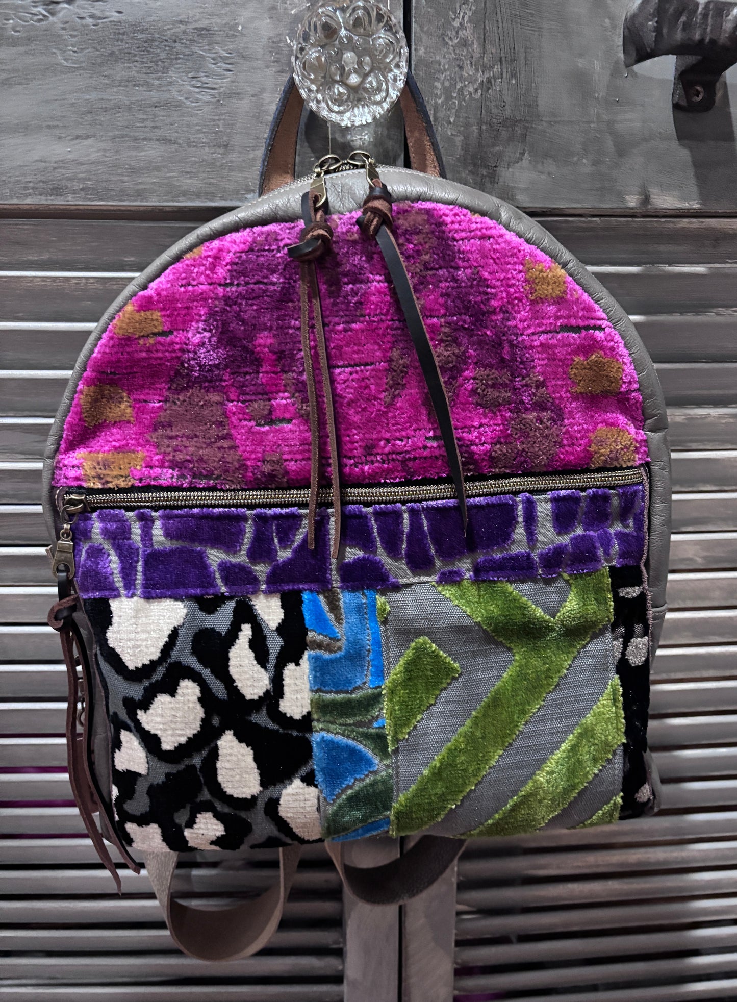 Back Pack - Smaller version in Velvet Patchwork & Leather