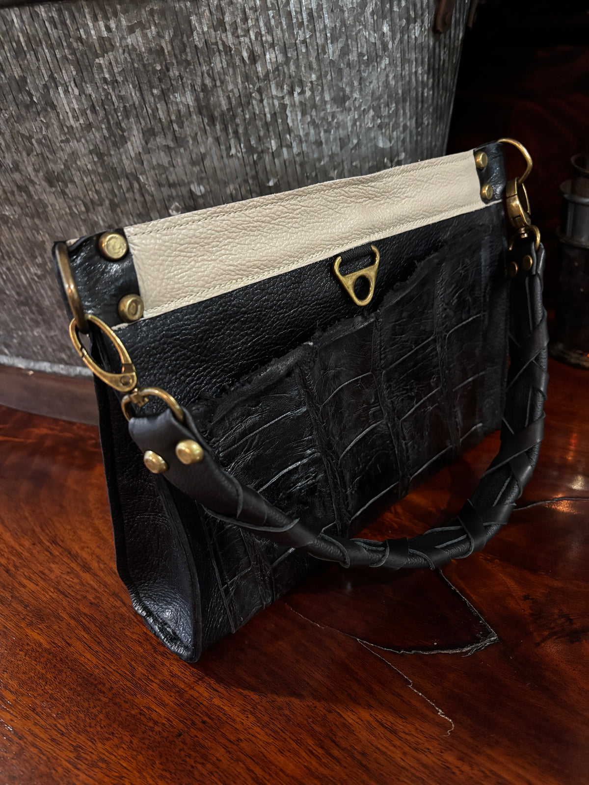 Mini Satchel- Flex Opening- Genuine Gator Pocket/ zebra suede interior with eye glass pocket