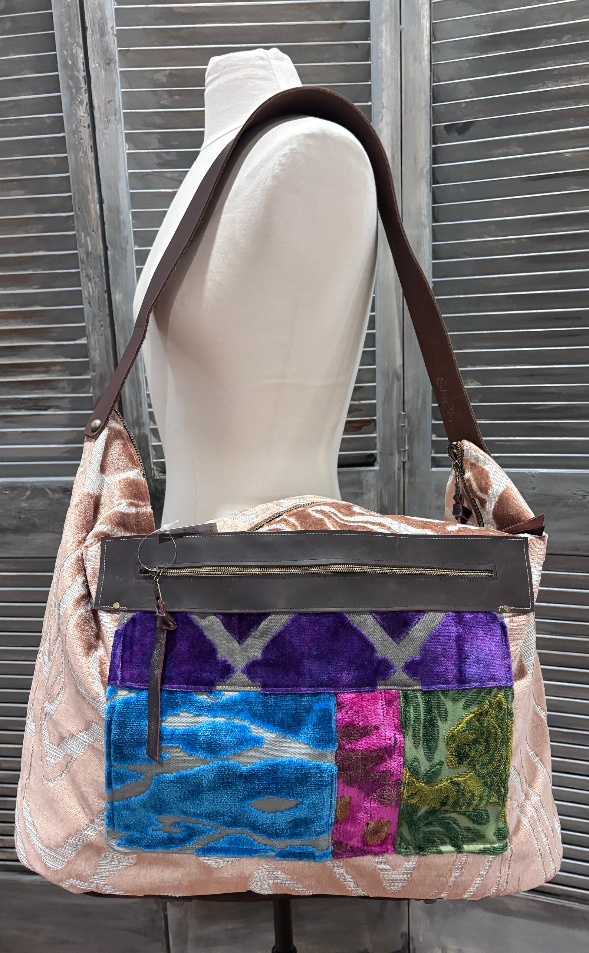 Weekender Travel Companion Bag- Rose Gold Tiger- Brown Leather Bottom - DMD Bags