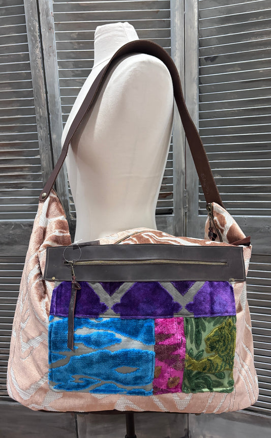 Weekender Travel Companion Bag- Rose Gold Tiger- Brown Leather Bottom - DMD Bags