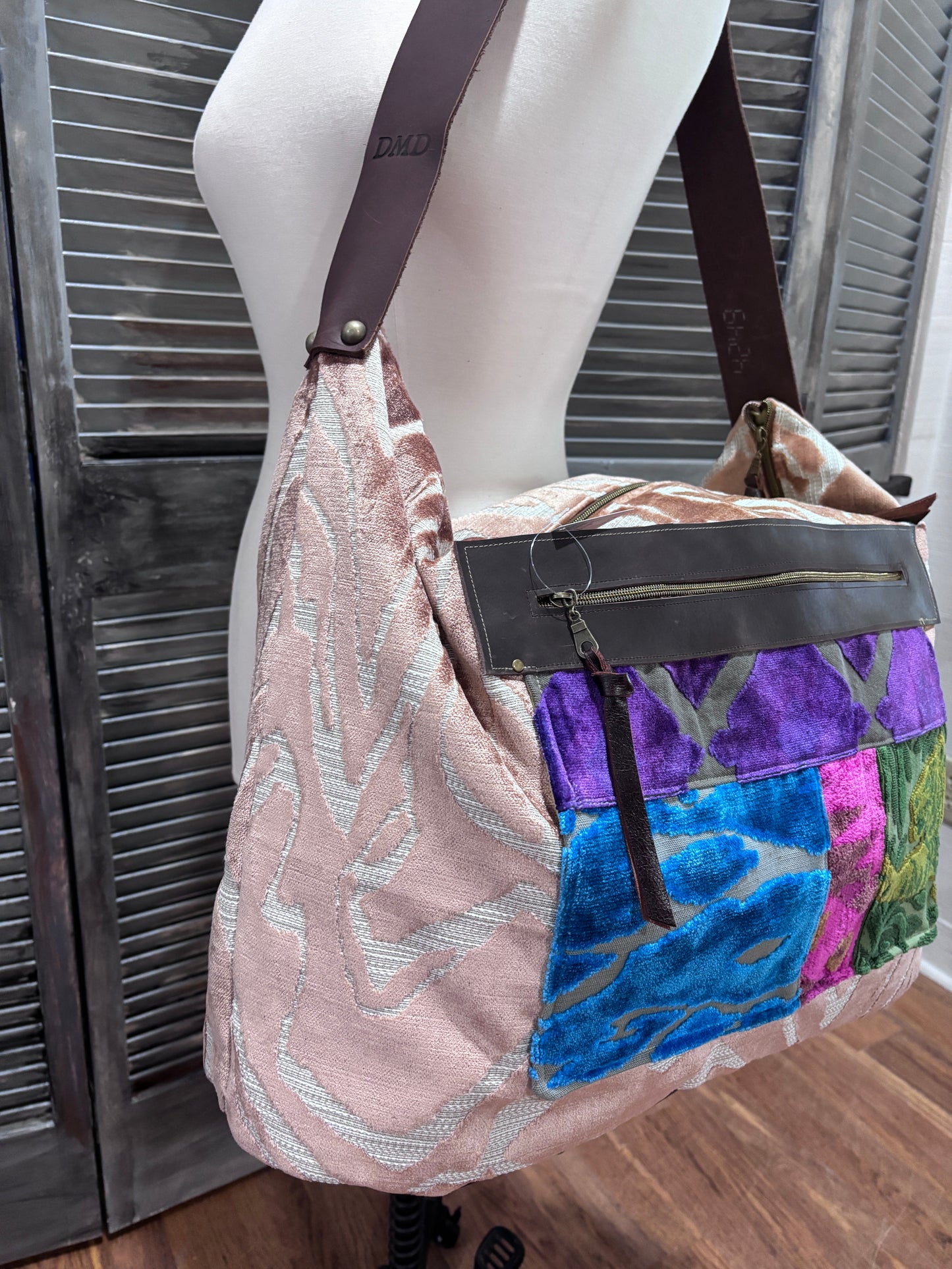 Weekender Travel Companion Bag- Rose Gold Tiger- Brown Leather Bottom - DMD Bags