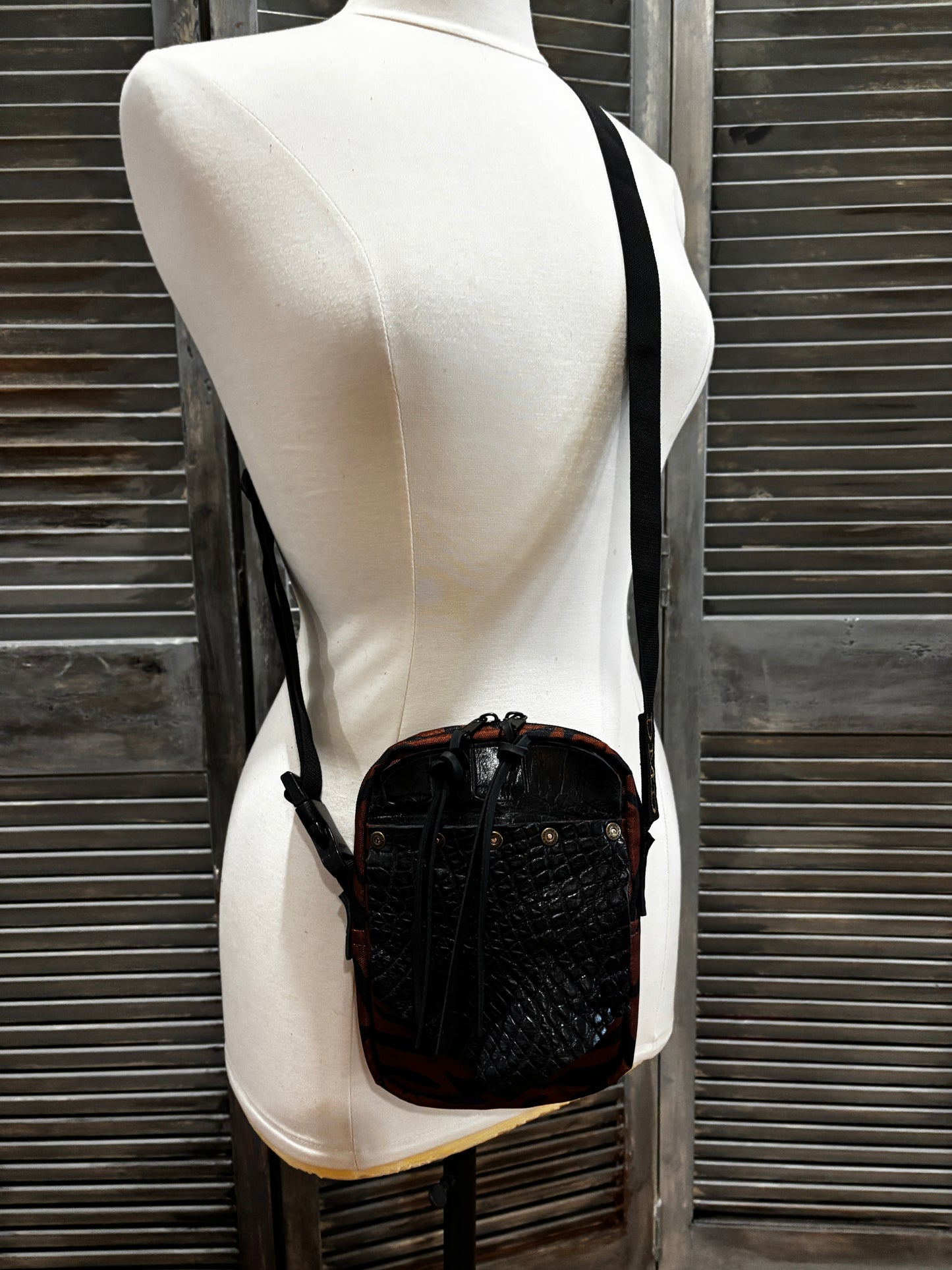 The X Bag in Brown Tiger stripe with genuine alligator
