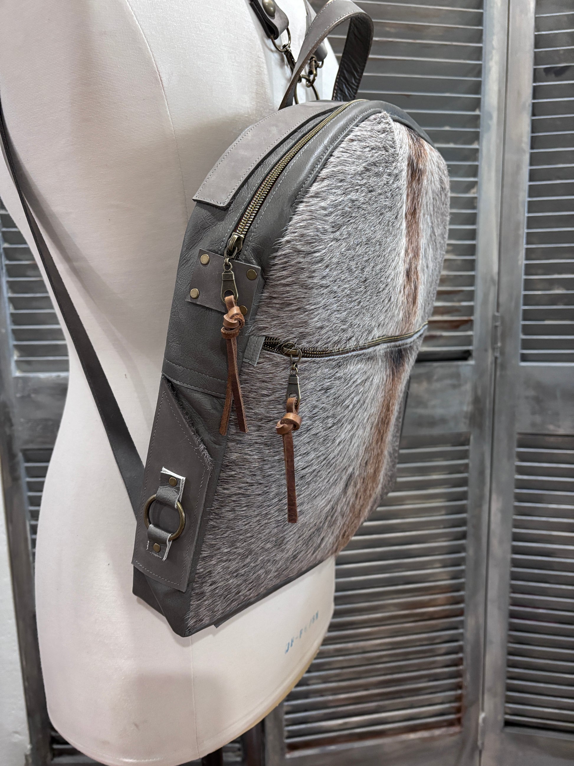 Back Pack - Gray and Brown Hair on Cowhide with gray leather - DMD Bags