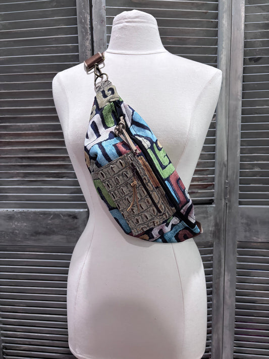 Sling Bag “Kuba Cloth Printed Canvas with embossed croc pocket - DMD Bags