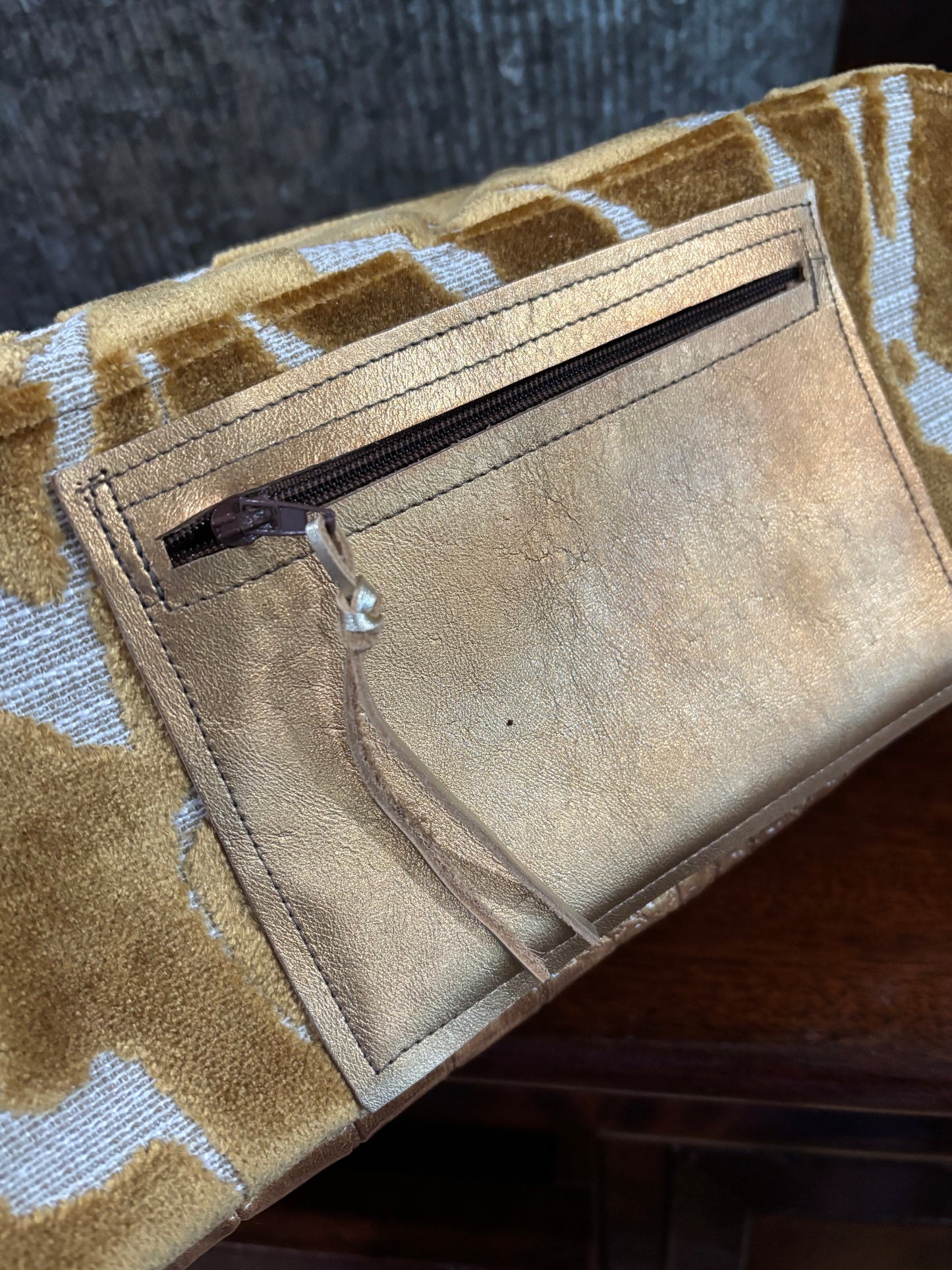 Gold Tiger Cut Velvet Vanity Bag with leather pocket & Rivet Trim Strap