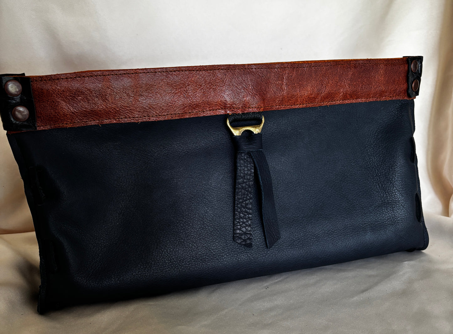 Leather Clutch in Navy & Caramel Abstract Trim & Tassel