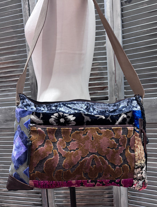 One of a kind Shoulder Bag- Couture Velvets and Navy Leather - DMD Bags