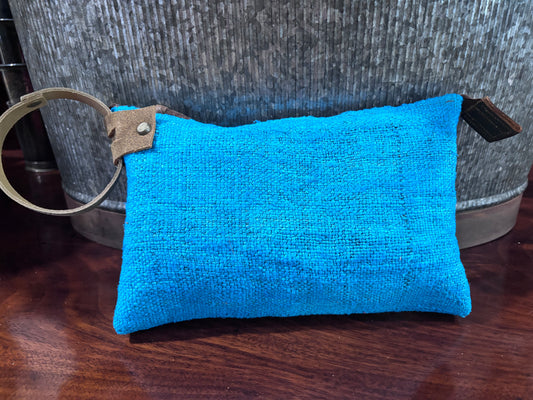 Wristlet- Nubby Woven Turquoise - Unlined & Leather Strap - DMD Bags