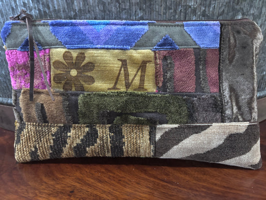 Patchwork Pouch Letter M cut velvet! One of a kind. Vintage cut velvet back 11x6
