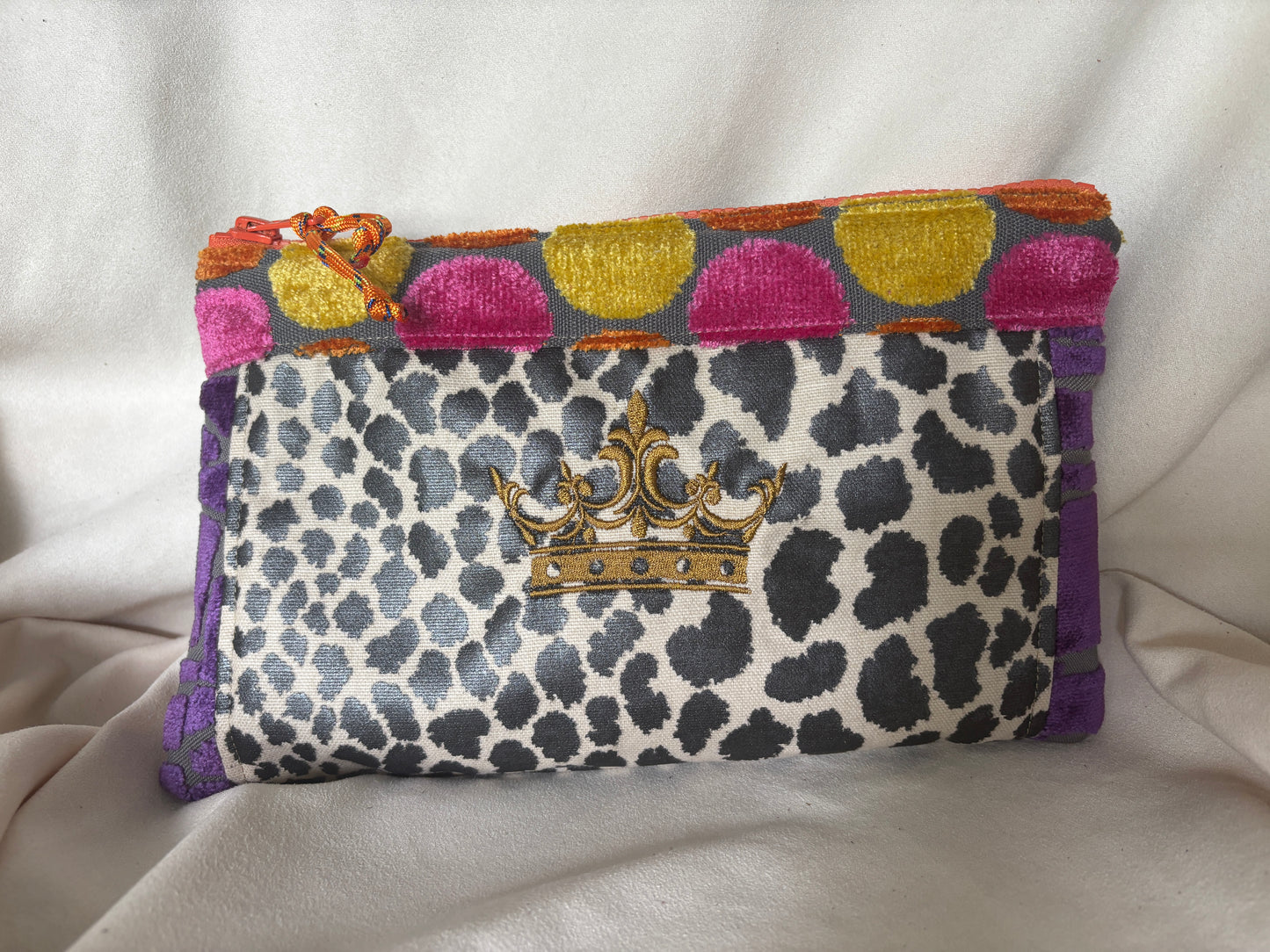 10.5x6.5 Cheetah Crown organizer with bright orange zipper and cut velvet accents
