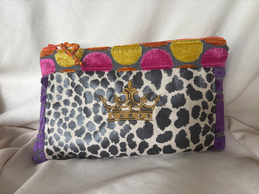 10.5x6.5 Cheetah Crown organizer with bright orange zipper and cut velvet accents - DMD Bags