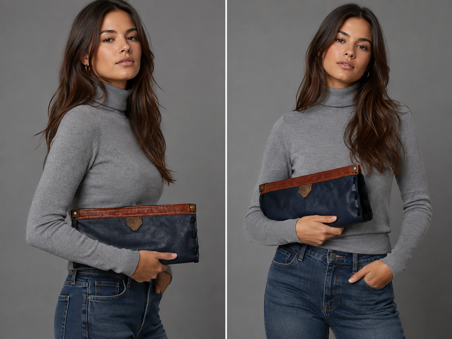 Handmade one of a kind!Good Looking!! Clutch Bag in Navy and Cognac Leather