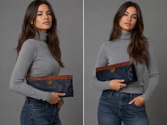 Handmade one of a kind!Good Looking!! Clutch Bag in Navy and Cognac Leather - DMD Bags