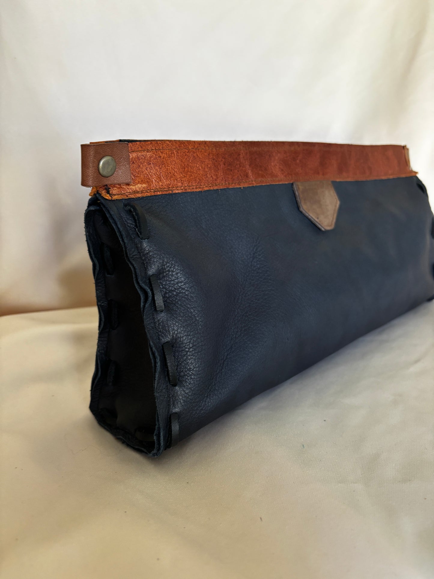 Handmade one of a kind!Good Looking!! Clutch Bag in Navy and Cognac Leather