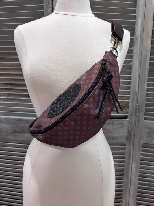 Sling bag-Fanny Pack Chocolate and gray dots! Alligator trim! Adjustable leather strap - DMD Bags