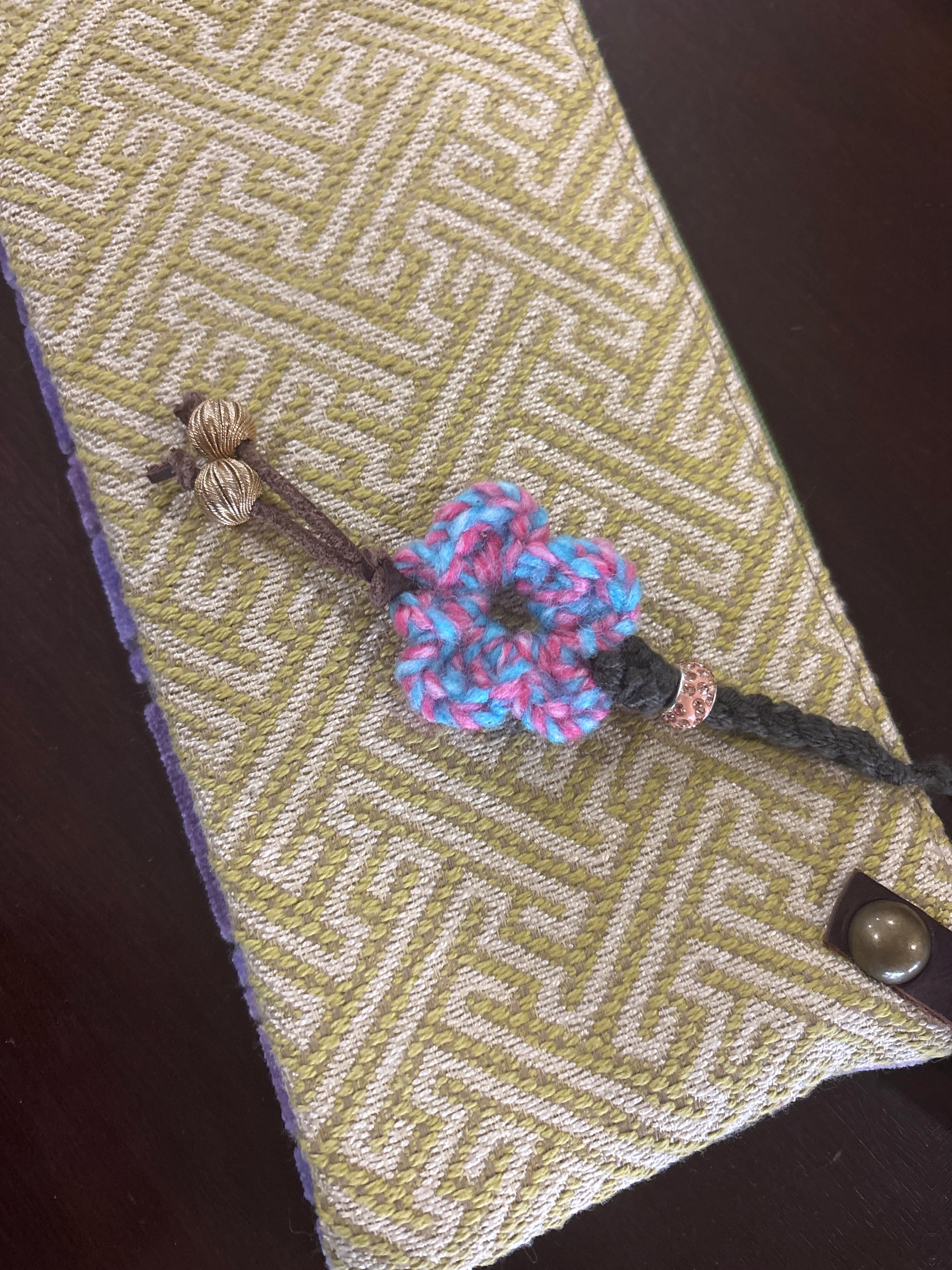 Wristlet with crochet flower & bling 4x8 Leather strap - DMD Bags