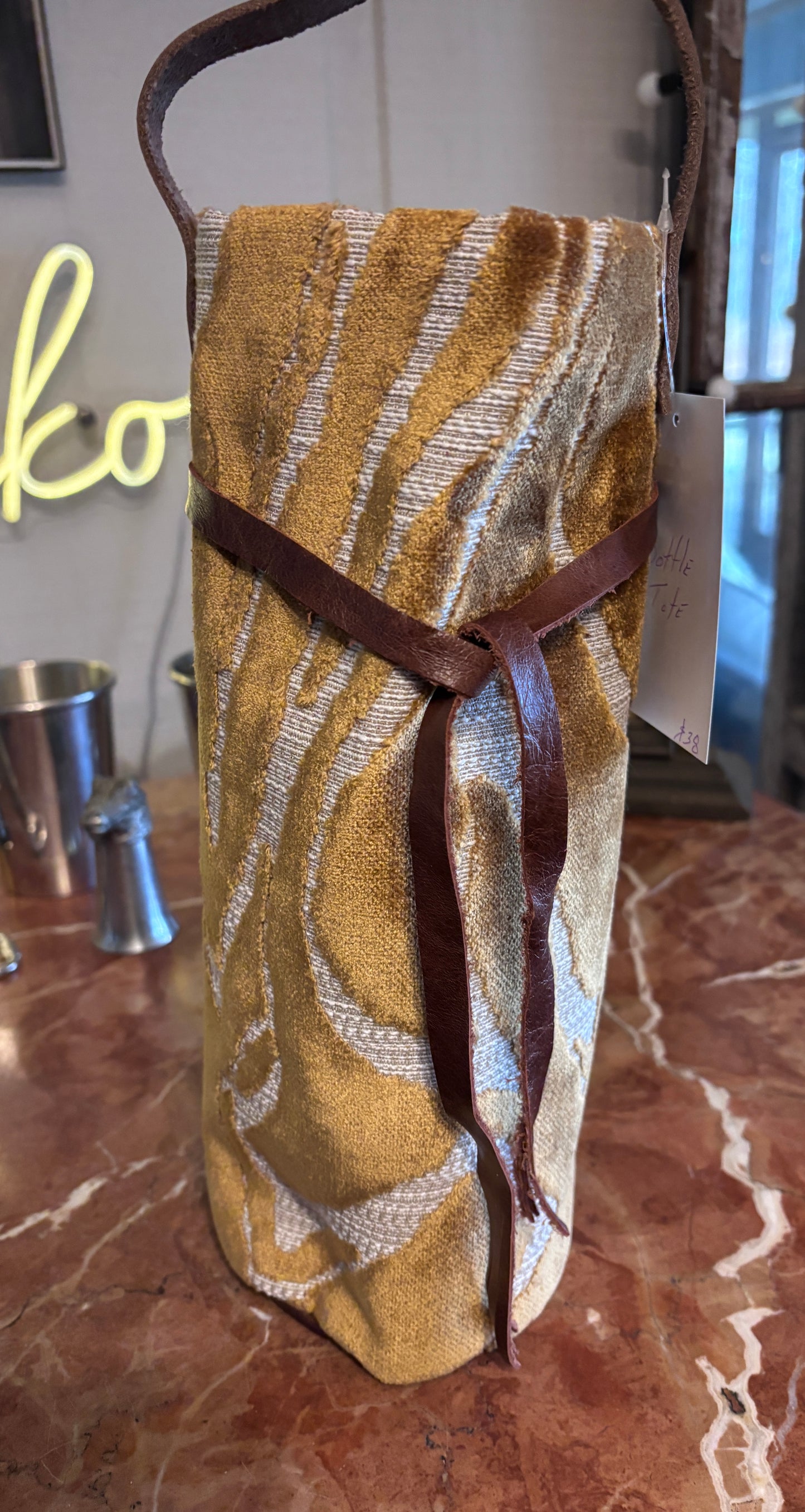 Wine Bottle Tote- Gold Cut Velvet Tiger - DMD Bags