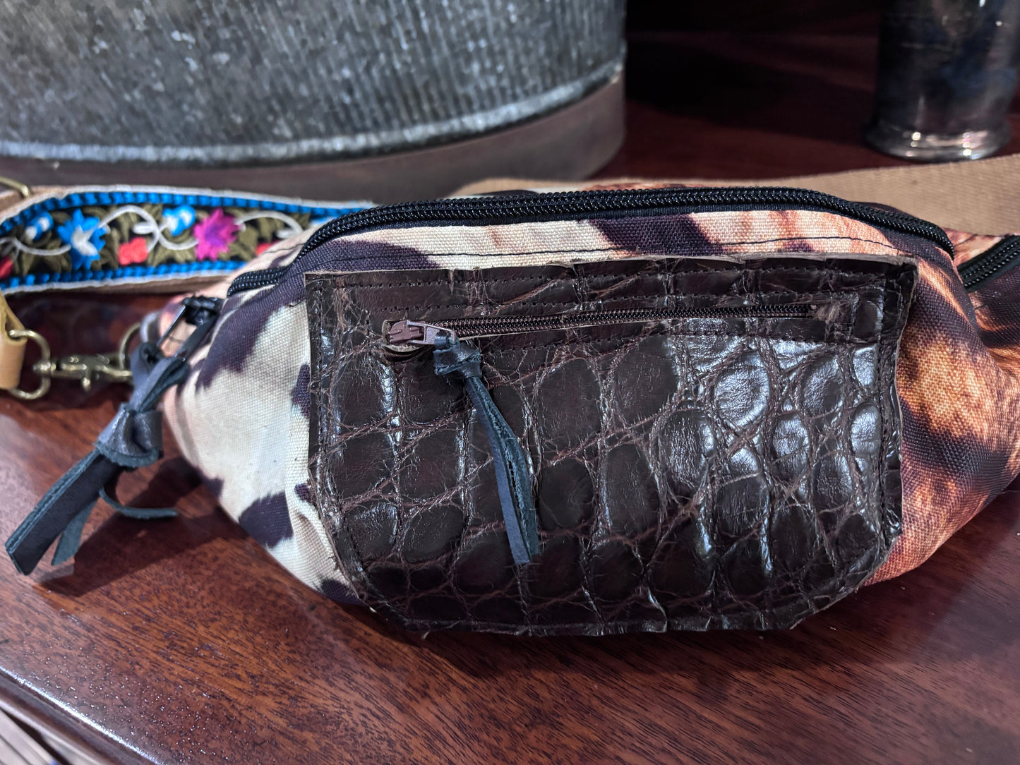 Sling Bag Bengal Tiger with Genuine Alligator Pocket & Embroidered Strap - DMD Bags