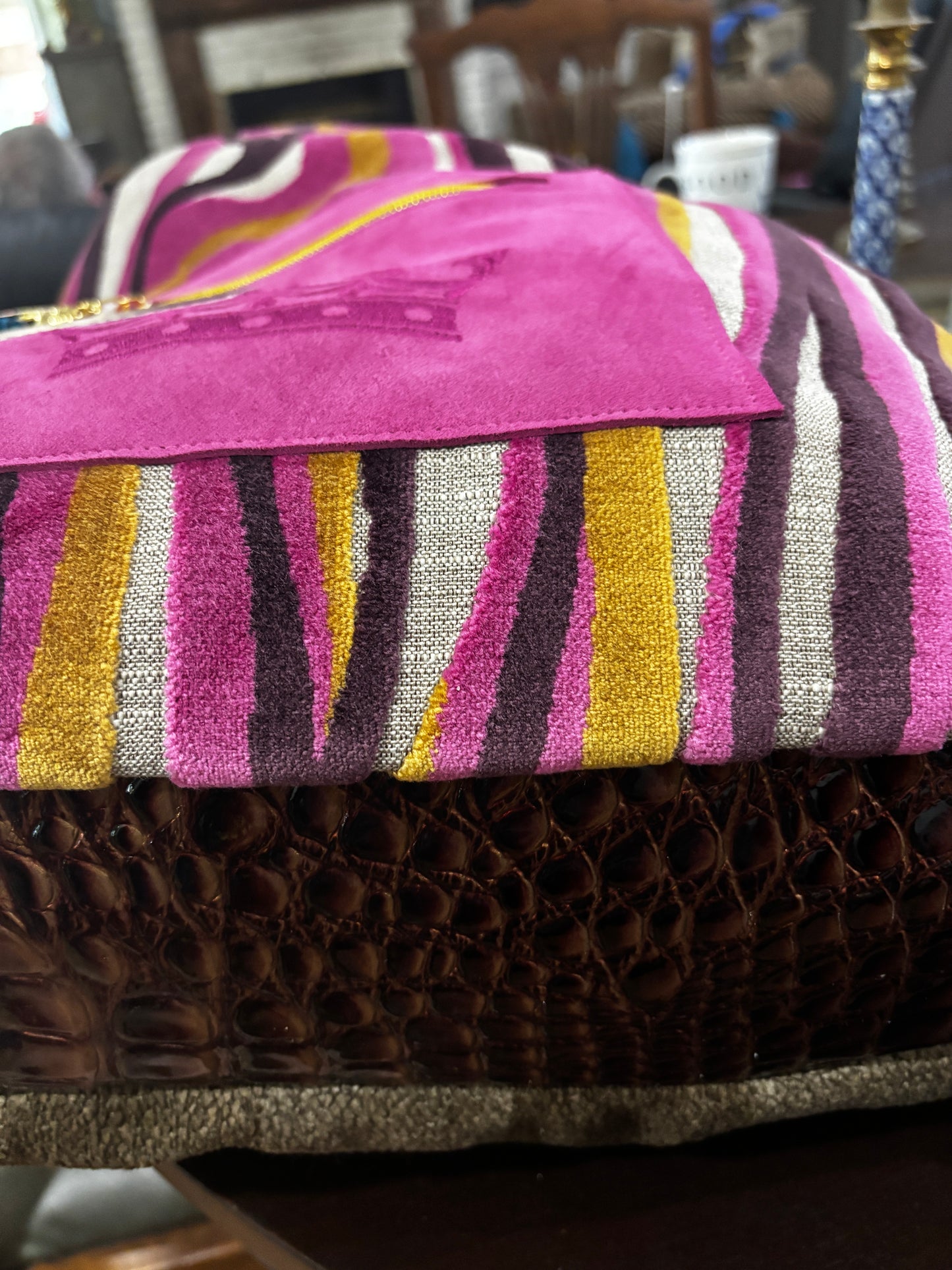 The Pillow Bag- Pinkie with Crown and Gray Stripe