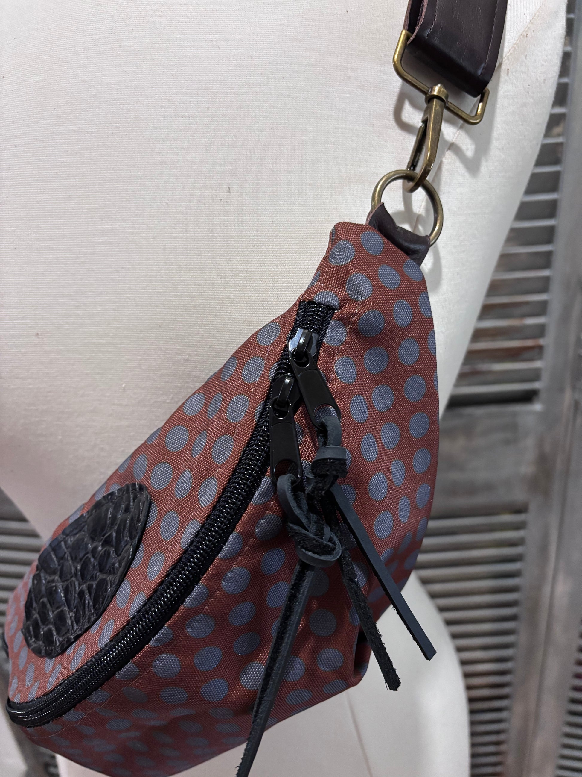 Sling bag-Fanny Pack Chocolate and gray dots! Alligator trim! Adjustable leather strap - DMD Bags