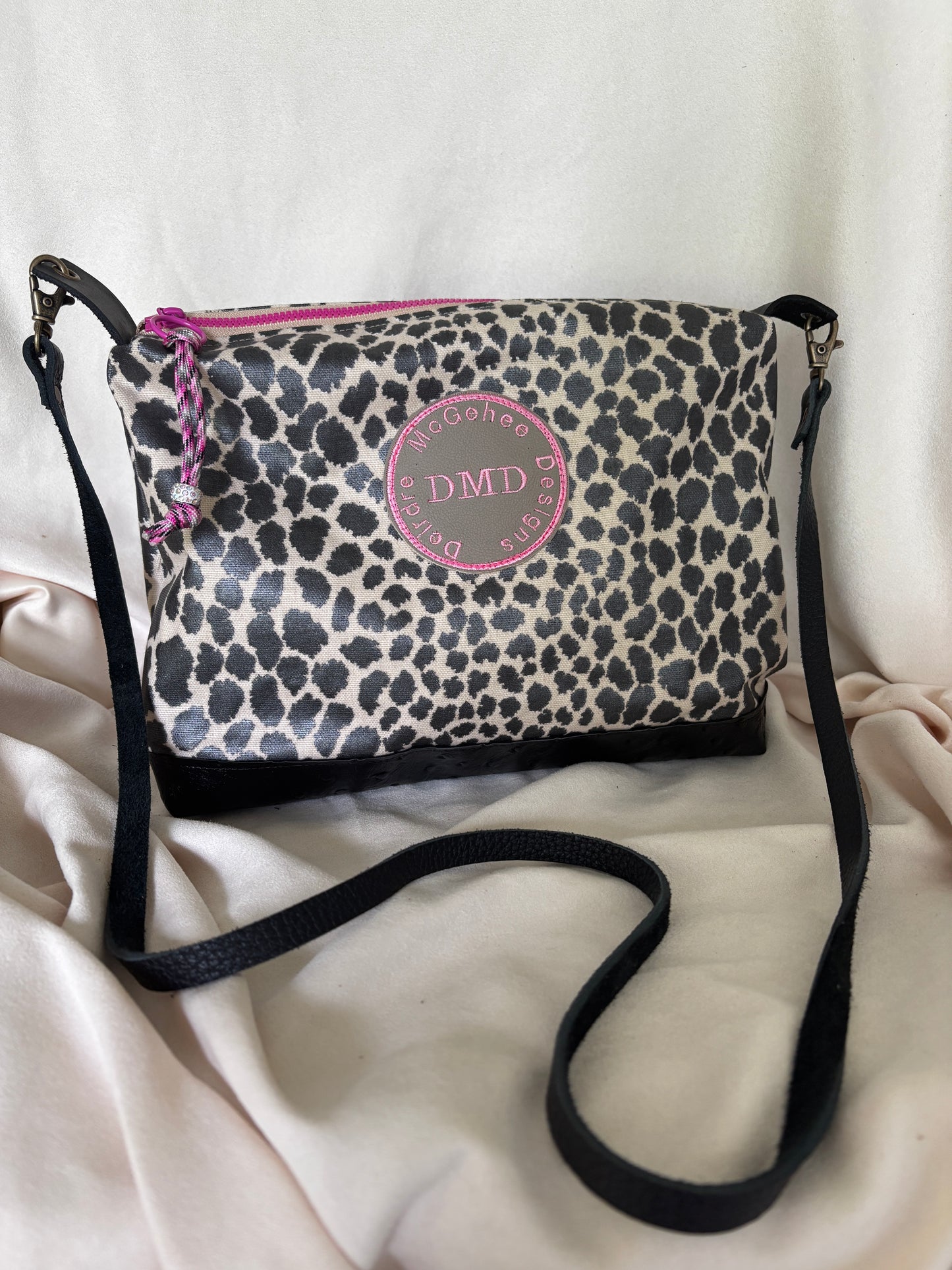 Polished Cotton Cheetah Print Bag with vinyl ostrich bottom- Removable strap!
