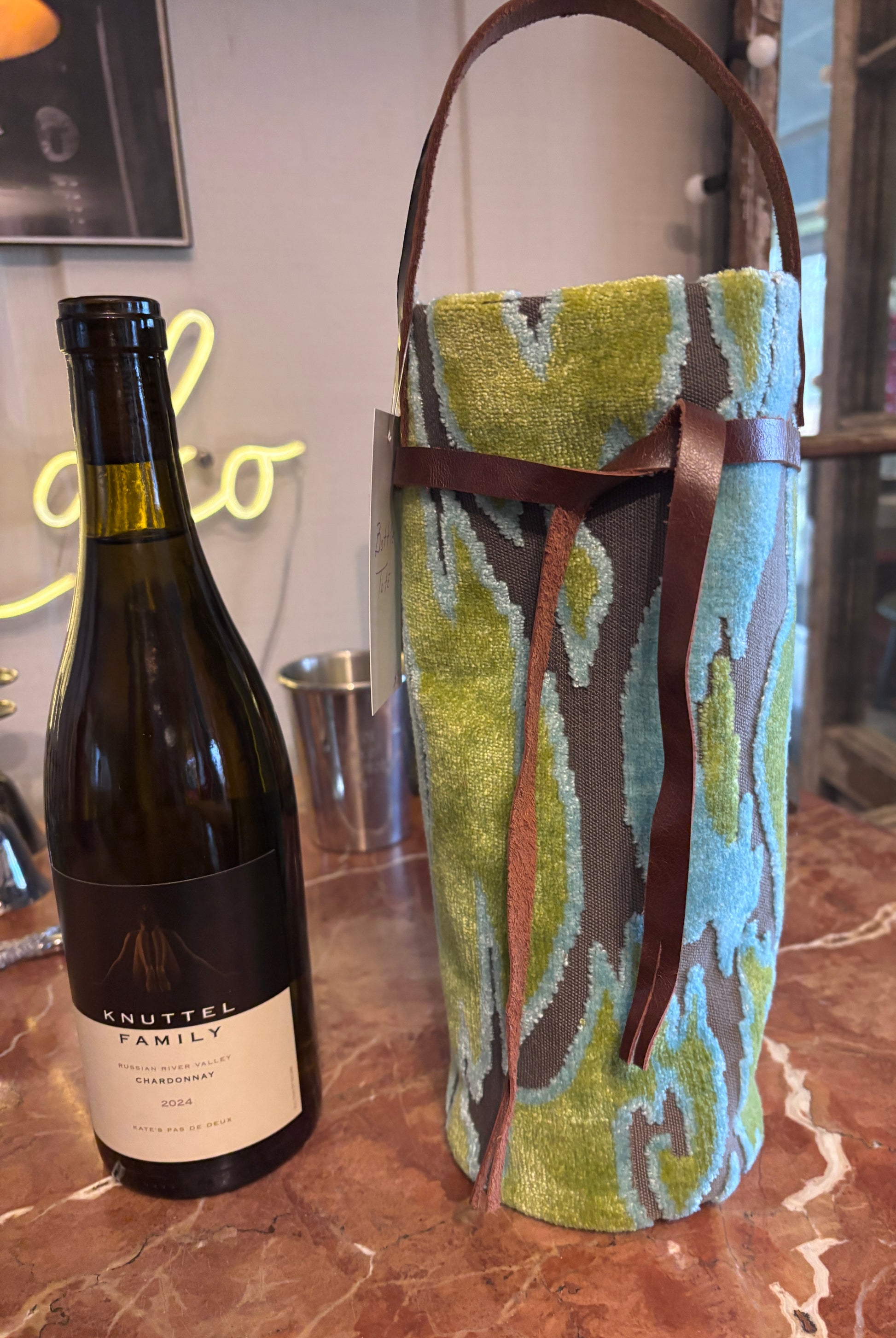 Wine Bottle Tote - Aquamarine Cut Velvet - DMD Bags