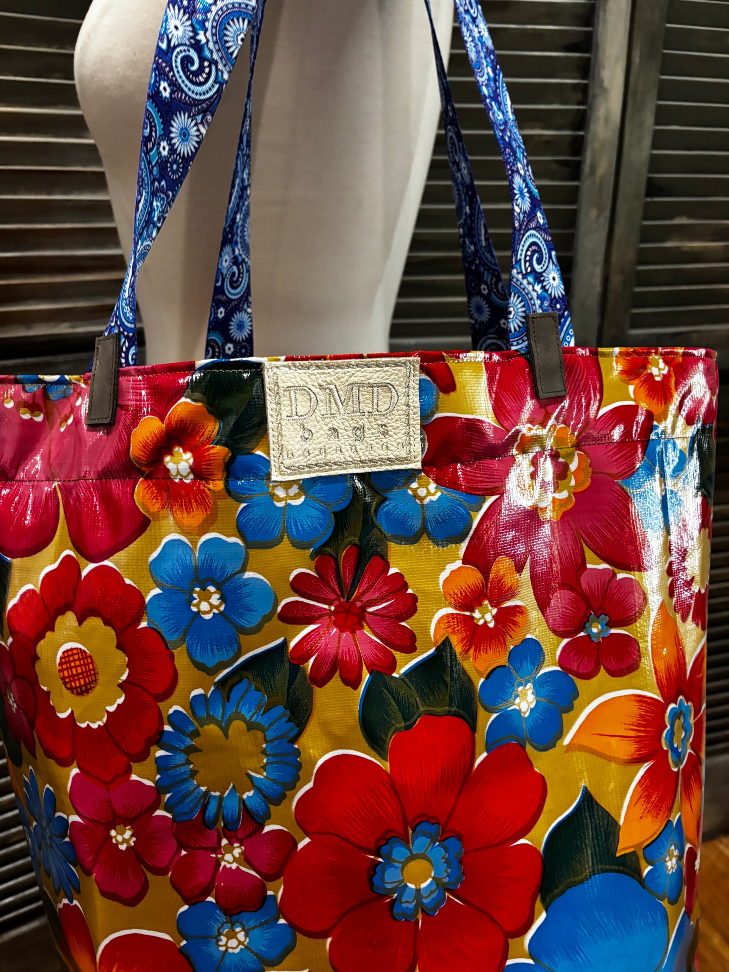 New Design!! The Big Tote! Floral Oil Cloth-Hair on Hide pocket and attached pouch