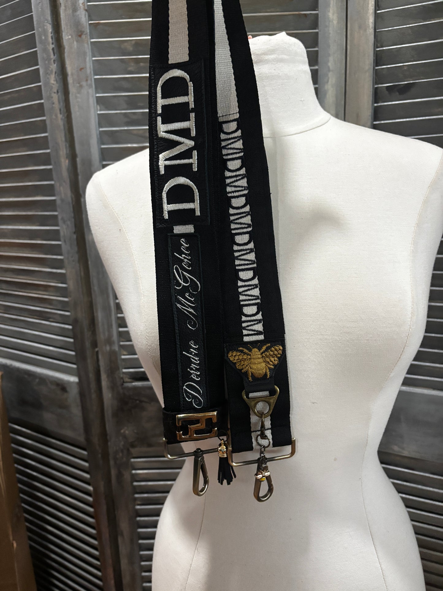 One of a kind Adjustable Shoulder Strap Black and Cream and Antique brass hardware