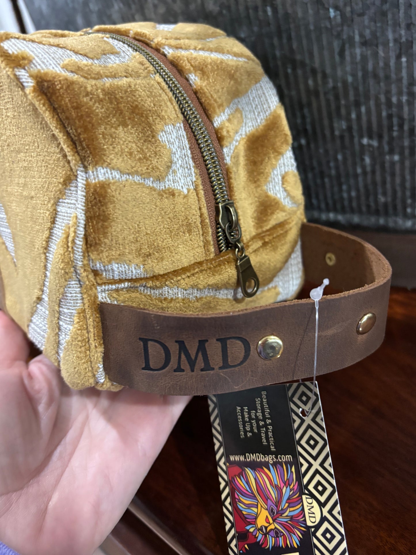Gold Tiger Cut Velvet Vanity Bag with leather pocket & Rivet Trim Strap