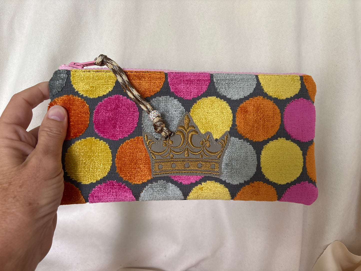 Bright Dots & Leather Crown, sparkle zipper pull& Cheetah back