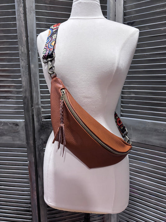 Sling Bag Caramel Leather- Adjustable strap - DMD Bags