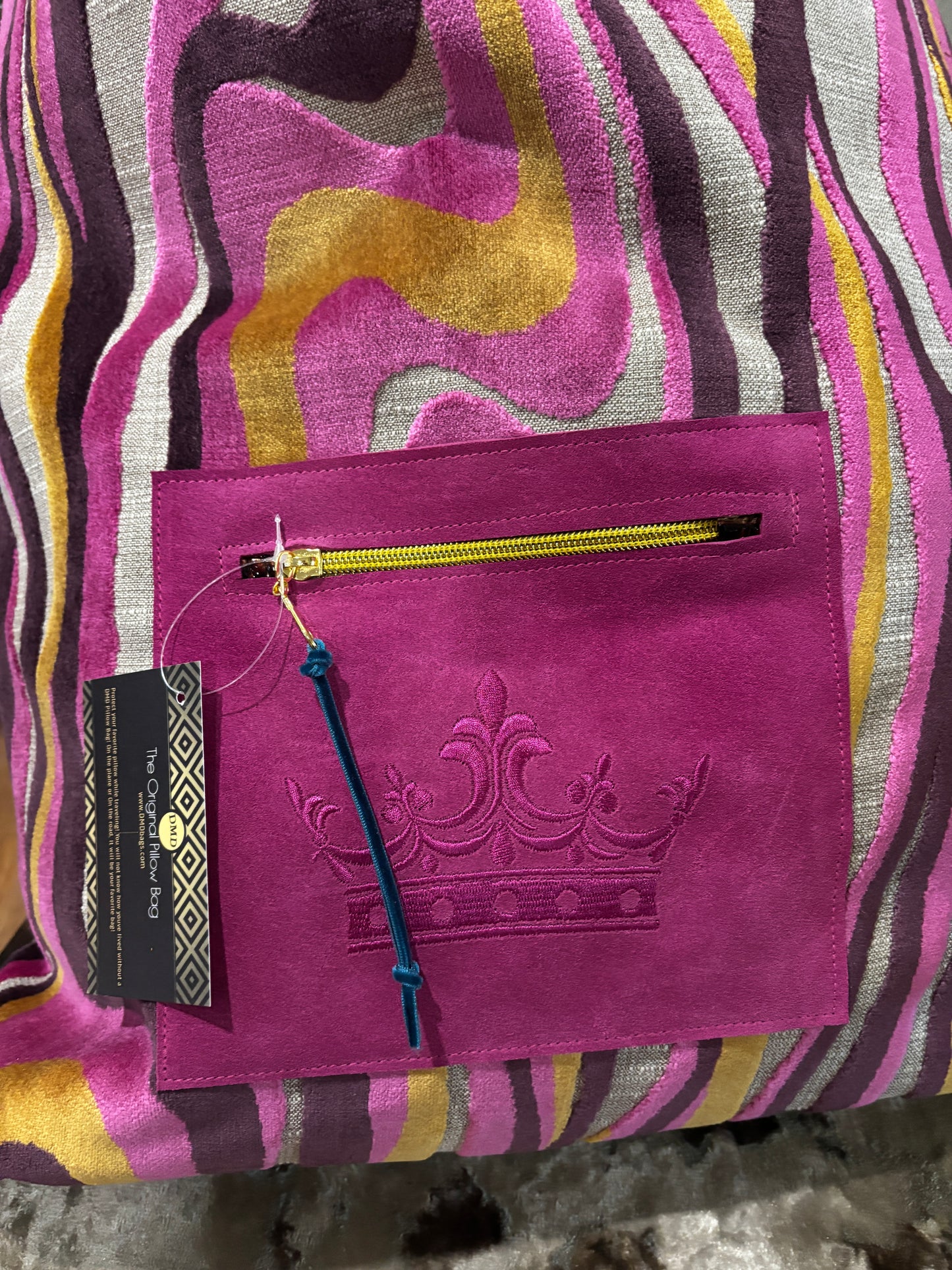 The Pillow Bag- Pinkie with Crown and Gray Stripe