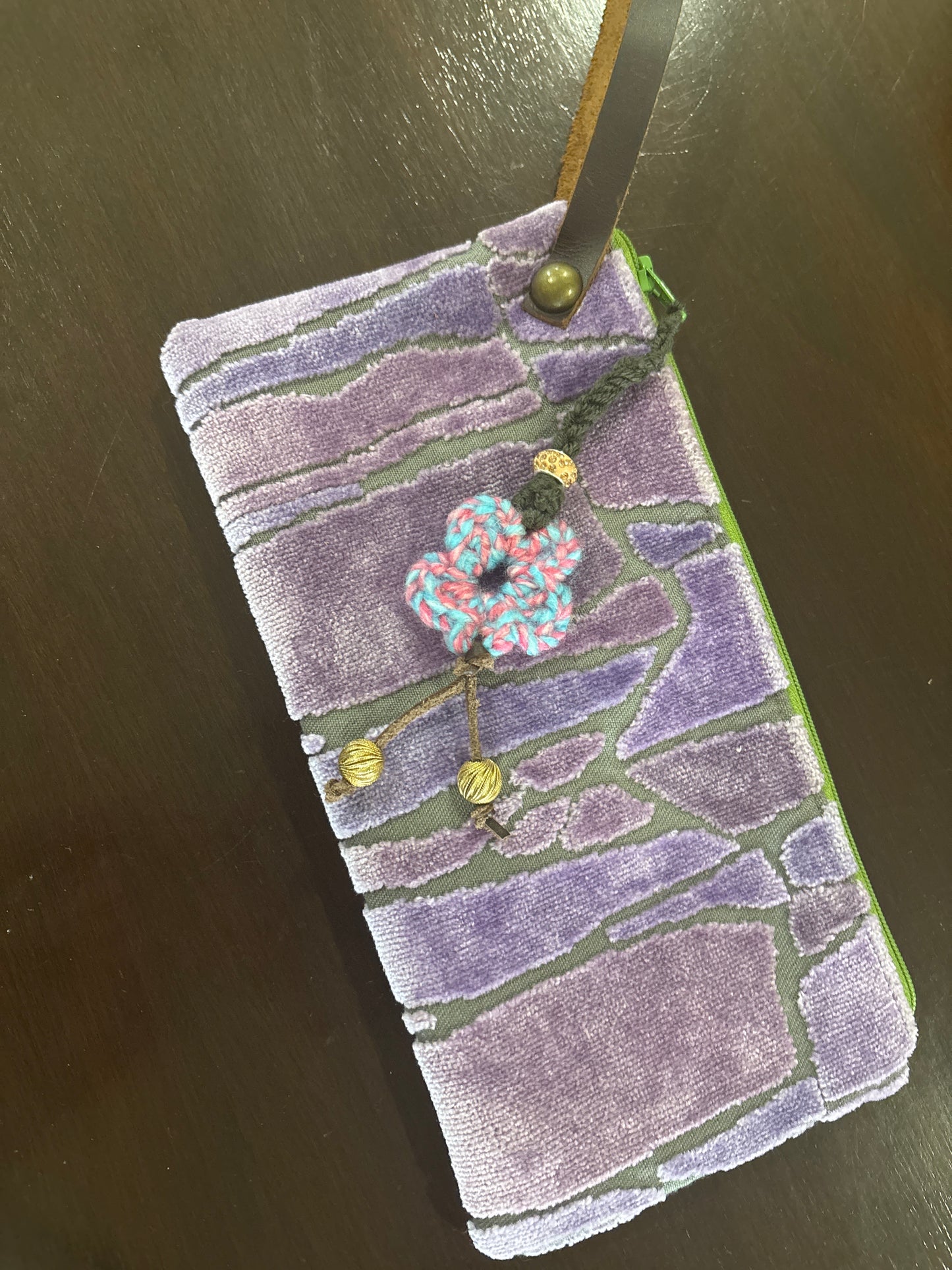 Wristlet with crochet flower & bling 4x8 Leather strap - DMD Bags
