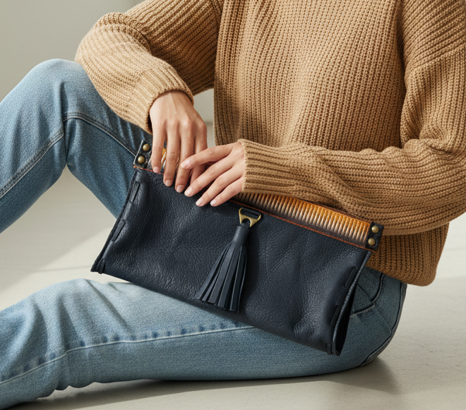 Leather Clutch in Navy & Caramel Abstract Trim & Tassel
