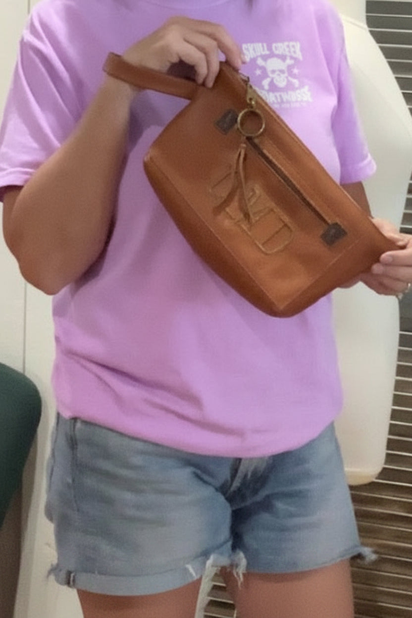 Knotted Strap Camel Leather Wristlet Logo Pocket