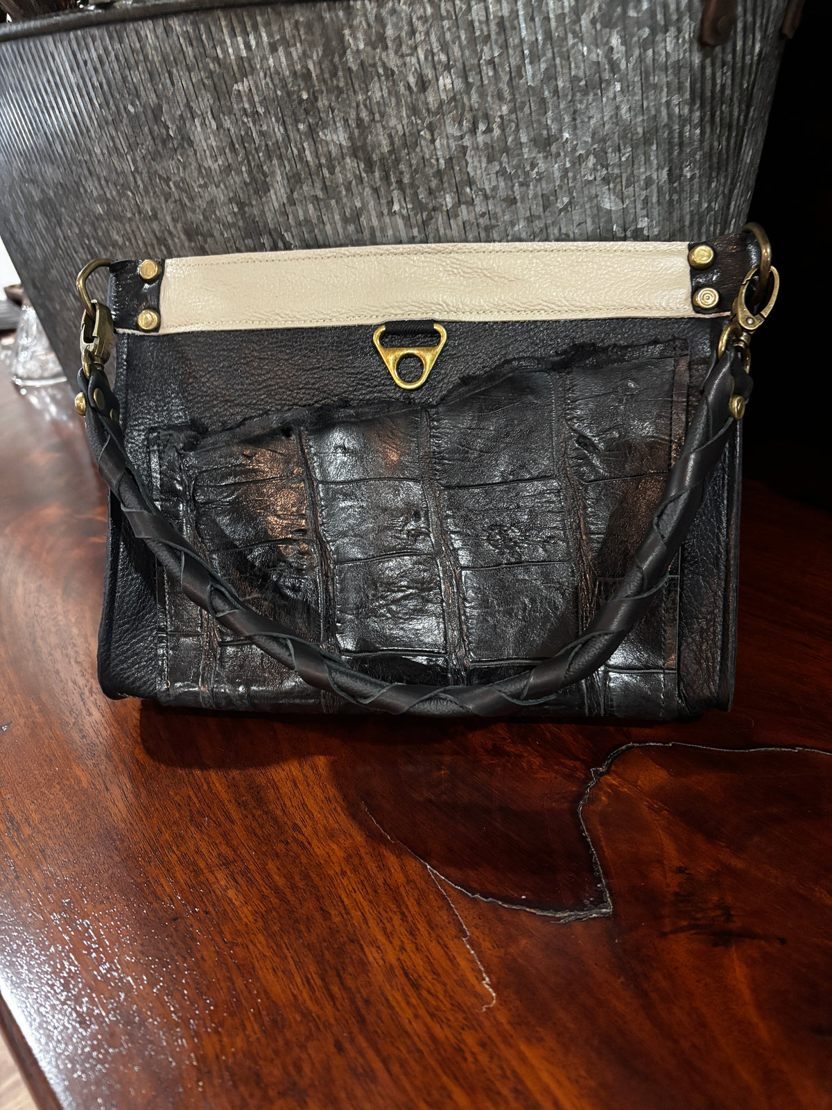 Mini Satchel- Flex Opening- Genuine Gator Pocket/ zebra suede interior with eye glass pocket