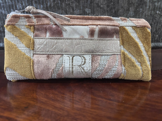 Patchwork Pouch Letter R cut velvet-metallic leather trim 8.5 x4