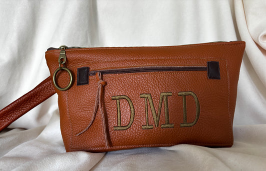Knotted Strap Camel Leather Wristlet Logo Pocket - DMD Bags