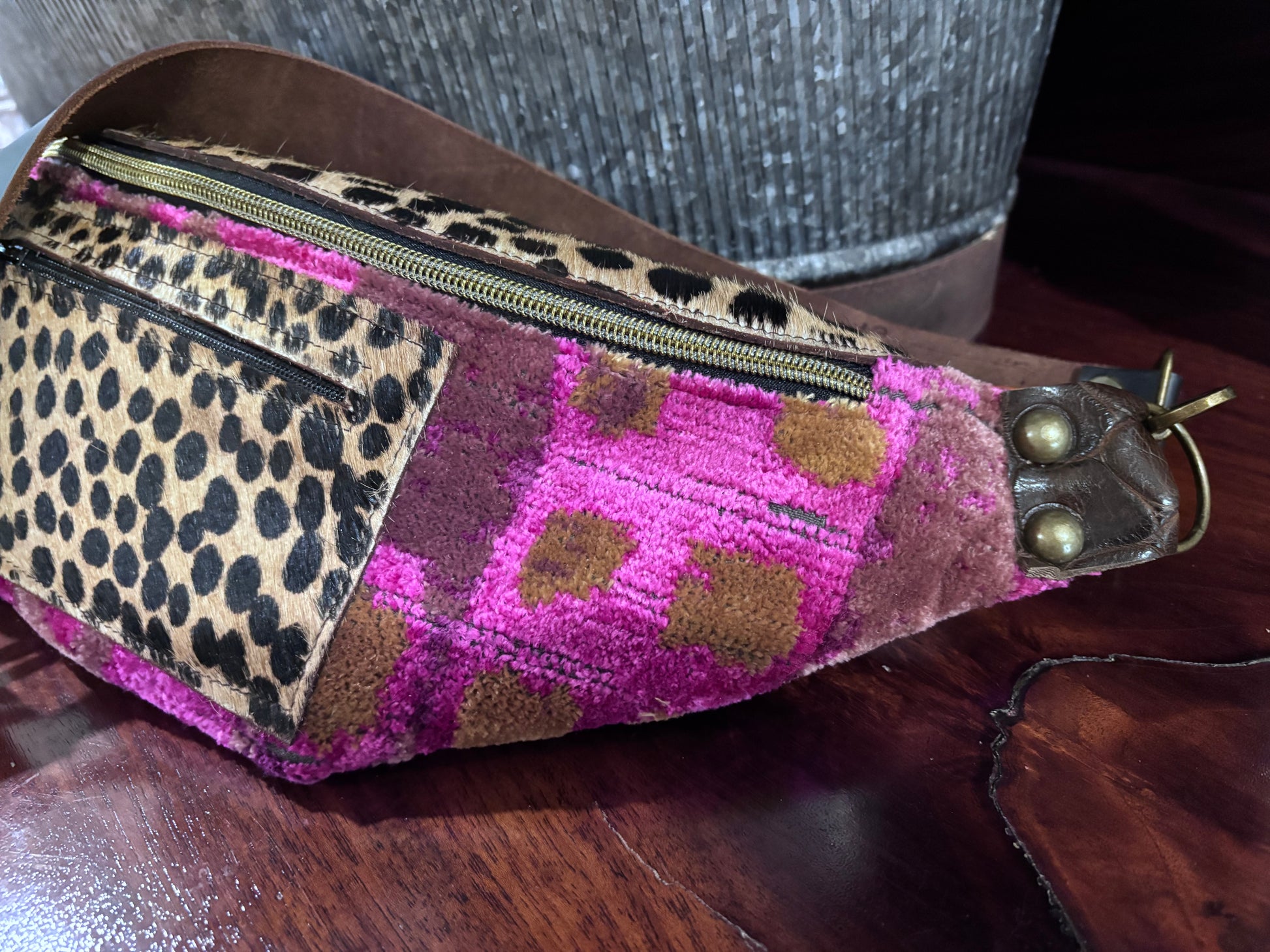 Sling Bag Pink & Cheetah and Caramel Leather - DMD Bags