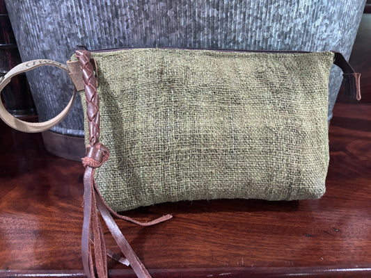 Nubby linen woven wristlet Olive green, two pocket interior - DMD Bags
