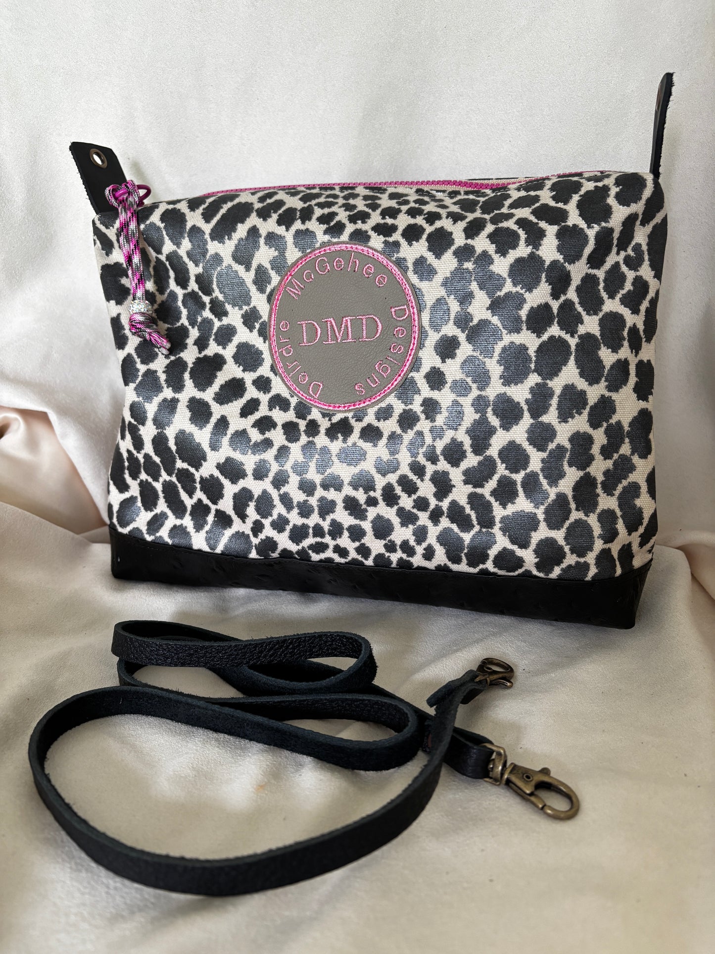 Polished Cotton Cheetah Print Bag with vinyl ostrich bottom- Removable strap!